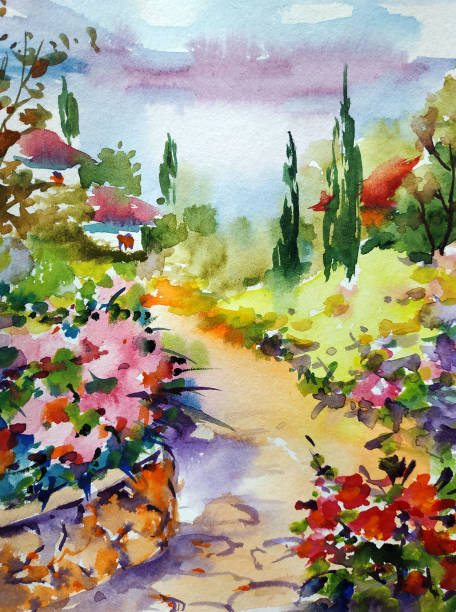 istock Watercolor colorful bright textured abstract background handmade . Mediterranean landscape . Painting of architecture and vegetation of the town of the sea coast in Ukraine 1383534152