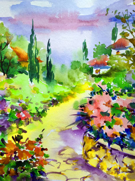 istock Watercolor colorful bright textured abstract background handmade . Mediterranean landscape . Painting of architecture and vegetation of the town of the sea coast in Ukraine 1383534158