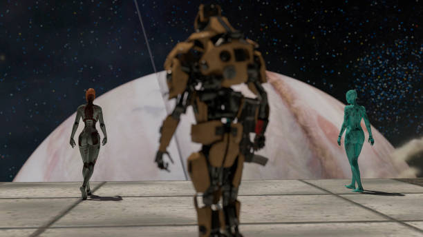 istock Robot and cyborgs on a space base looking at a big planet 1383534757