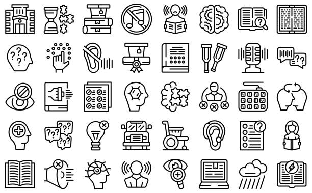 Learning disability icons set outline vector. Inclusive education Learning disability icons set outline vector. Inclusive education. School test illiteracy stock illustrations