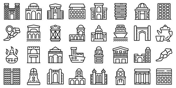 Casablanca icons set outline vector. City skyline Casablanca icons set outline vector. City skyline. Africa building marrakech stock illustrations