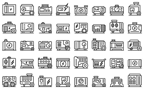 Power generator icons set outline vector. Electric engine Power generator icons set outline vector. Electric engine. Diesel power generator stock illustrations
