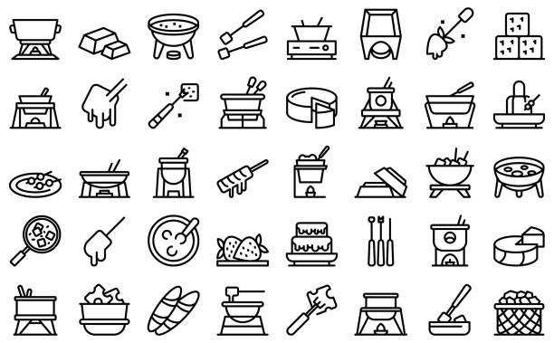 Fondue icons set outline vector. Cheese melted Fondue icons set outline vector. Cheese melted. Cooking cuisine fondue stock illustrations