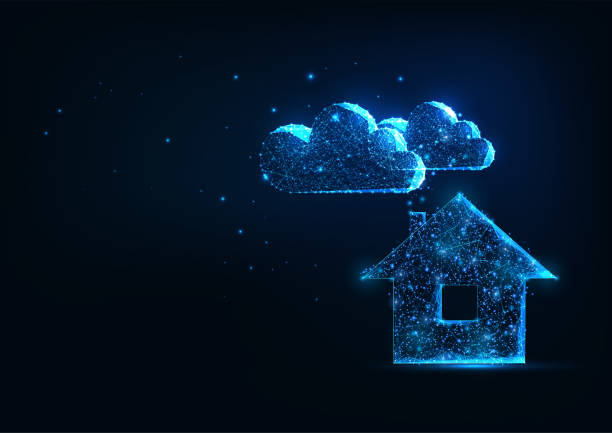 Futuristic home concept with glowing low polygonal house icon and clouds isolated on dark blue Futuristic home concept with glowing low polygonal house icon and clouds isolated on dark blue background. Modern wire frame mesh design vector illustration. dark blue sky clouds stock illustrations