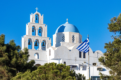 Mykonos, Greece - Oct 16, 2019. Agios Nikolakis Church in new port in Hora, also known as Mykonos Town, the capital of popular Greek island Mykonos.