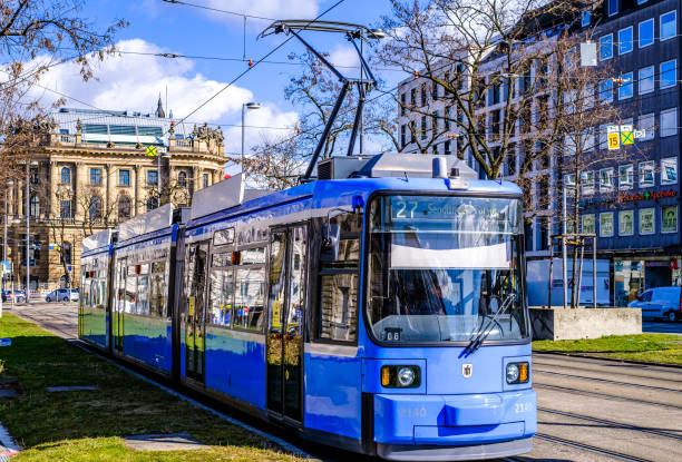 Munich, Germany - February 23: typical Tram in the old town of Munich on February 23, 2022