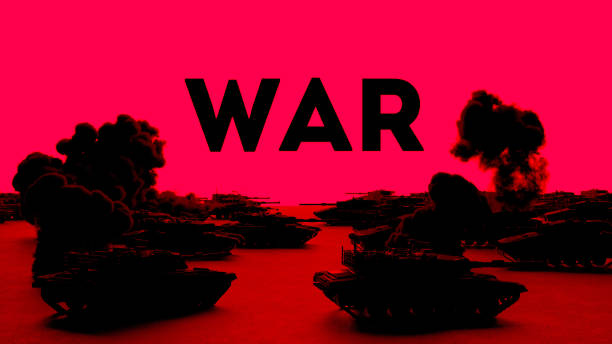 istock World war concept illustration. Black and red stylized background with tanks 1383542861