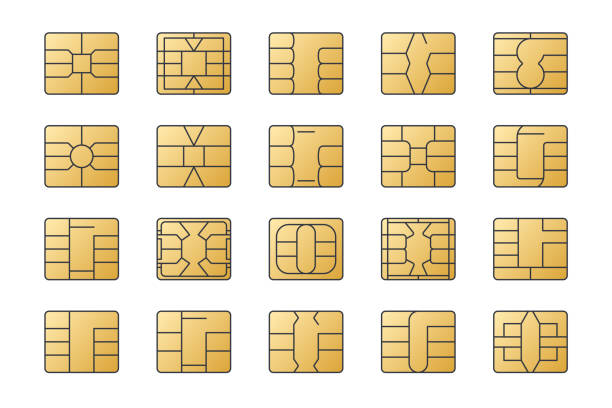 EMV chip gold vector icons. Editable stroke. Set line nfc symbol. Contactless payment at terminals and ATMs. Square computer microchips for credit debit cards. Stock illustration EMV chip gold vector icons. Editable stroke. Set line nfc symbol. Contactless payment at terminals and ATMs. Square computer microchips for credit debit cards. Stock illustration. computer chip stock illustrations