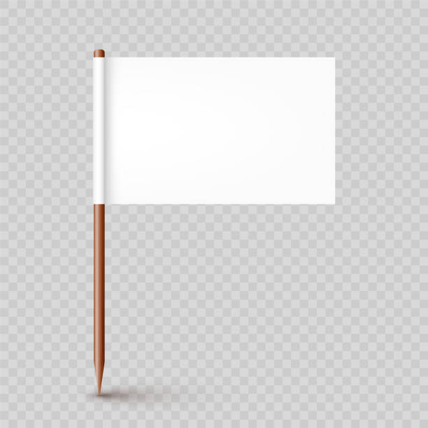 istock Realistic wooden toothpick with white paper flag. Location mark, map pointer. Blank mockup for advertising and promotions. Vector illustration 1383546384