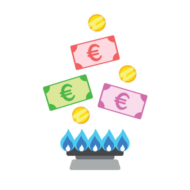 stockillustraties, clipart, cartoons en iconen met increase in the cost of gas, concept. european money and natural gas, vector illustration. soaring energy prices. energy crisis in europe. gas flame in the stove. - energierekening