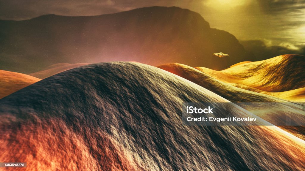 Mysterious unidentified flying object hovering over Martian landscape Mysterious unidentified flying object hovering over Martian landscape - abstract futuristic 3d background image. Hills on the surface of the planet. UFO. Alternative Fictional Universe Stock Photo