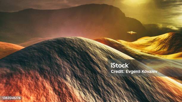 Mysterious Unidentified Flying Object Hovering Over Martian Landscape Stock Photo - Download Image Now