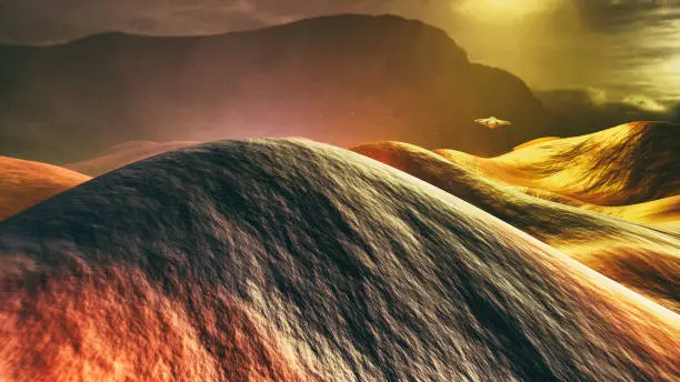 Mysterious unidentified flying object hovering over Martian landscape - abstract futuristic 3d background image. Hills on the surface of the planet. UFO.