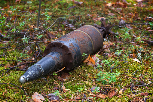 Mortar shell found in the woods. Mortar mine threat for the population, sappers demining