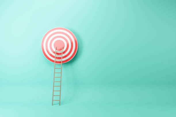 istock Abstract ladder leading to bulls eye target on blue wall background with mock up place. Targeting, career and aim concept. 3D Rendering. 1383549355