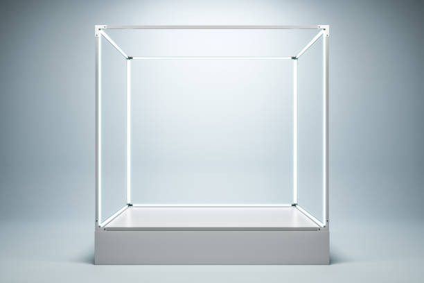 istock Empty illuminated glass showcase with mock up place on white wall background. 3D Rendering. 1383549369