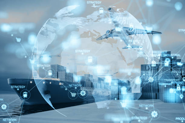 istock Abstract glowing blurry global delivery scheme hologram on transport dock backdrop. Logistics and network concept. Double exposure. 1383550487