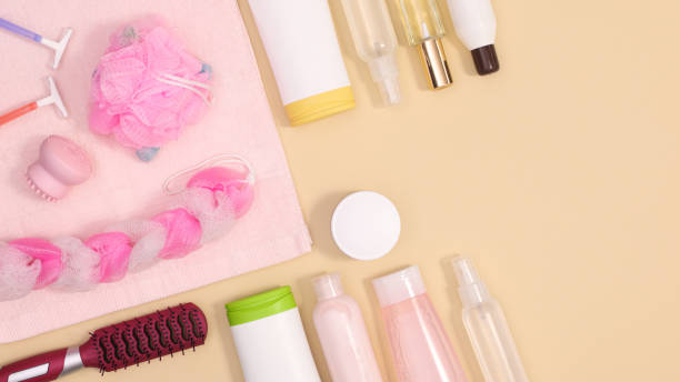 istock Creative copy space background with spa products and cosmetics on pastel beige theme. Flat lay. 1383550601