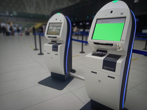 Airport check-in machine, passenger self registration point in Zagreb, Croatia.