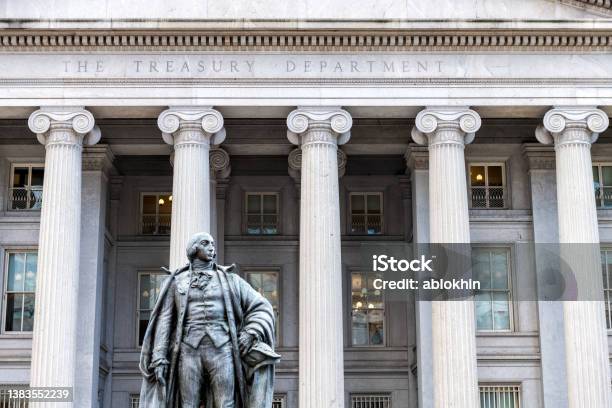 Exterior Architecture On National Mall Of Department Of Treasury Statue Of Gallatin Closeup Stock Photo - Download Image Now