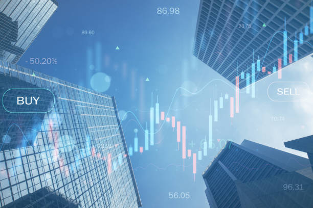 istock Creative glowing candlestick forex chart on blurry city background. Finance growth and trade concept. Double exposure. 1383552335