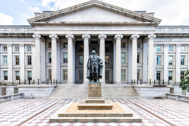 Department of Treasury building office with statue of Albert Gallatin stock photo