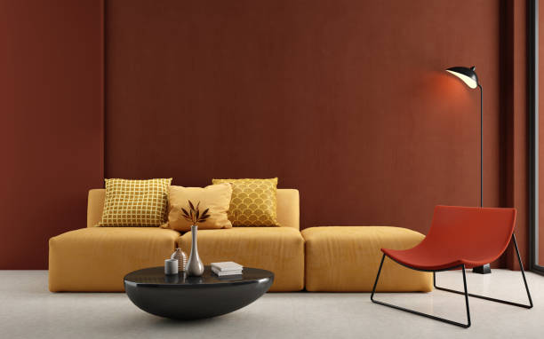 istock Modern living room interior with yellow sofa and red wall.3d rendering 1383552793