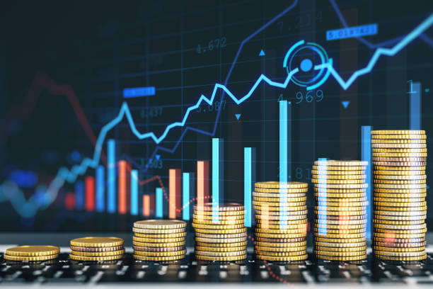 istock Creative image of growing coin stacks and candlestick forex chart on blurry background. Trade, money and financial growth concept. Double exposure. 1383552946