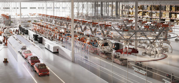 3d рендеринг крупного автомобильного завода с автоматическими производственными линиями - car industry robot arm car plant стоковые фото и изображения