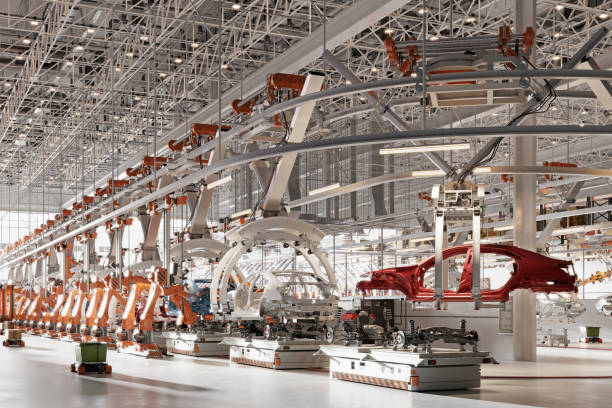 Car factory production line in 3d. Large conveyor with car body frames on the assembly line in vehicle manufacturing plant.