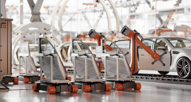 istock Robotic arms on automobile production line in 3d 1383557362