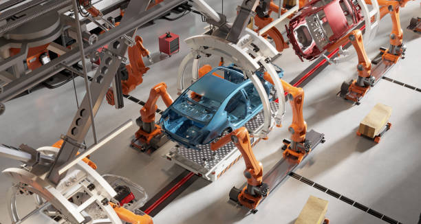 3d рендер современной автомобильной производственной линии с роботизированными руками - car industry robot arm car plant стоковые фото и изображения