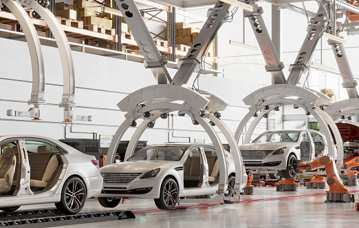 Cars on the production line in a factory. 3d rendering of unfinished cars in a row on the conveyor in an automobile assembly line.