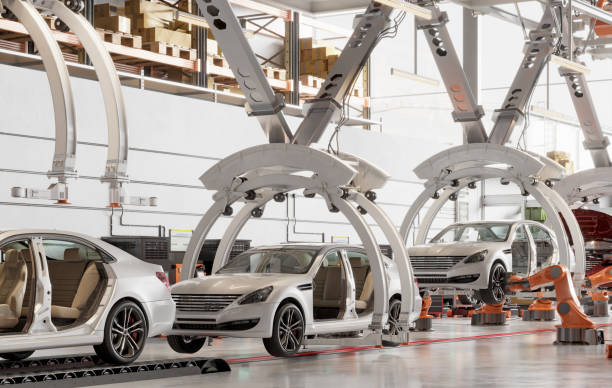 Cars on the production line in a factory Cars on the production line in a factory. 3d rendering of unfinished cars in a row on the conveyor in an automobile assembly line. car plant stock pictures, royalty-free photos & images