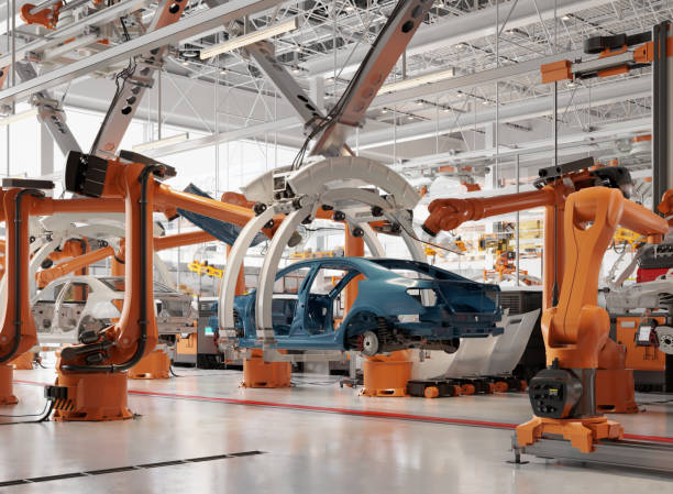 istock Digitally generated image of an automated car production line 1383557382