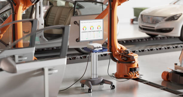 istock Computer generated image of car manufacturing plant with robot arm 1383557895