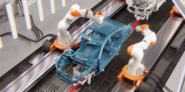 istock 3d render of car painting process by robotic system in factory 1383557905