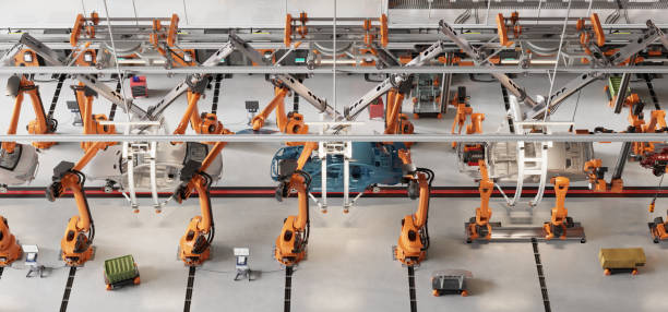 3d рендеринг автоматической линии по производству автомобилей на заводе - car industry robot arm car plant стоковые фото и изображения