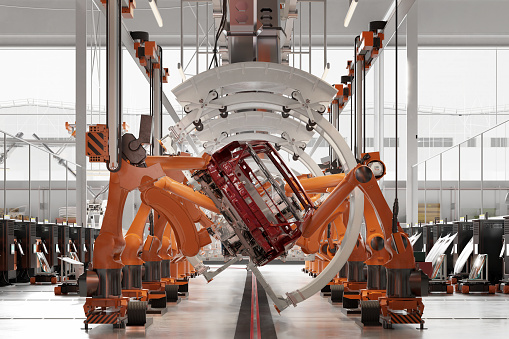 Robotic arms working on the assembly line of automobile manufacturing plant. 3d rendering of industrial robots at the automatic car manufacturing factory assembly line.