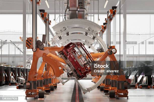 3d Rendering Of Industrial Robots At The Automatic Car Manufacturing Factory Assembly Line Stock Photo - Download Image Now