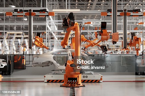 istock 3d render of automatic car production line with robotic arms welding parts 1383558438