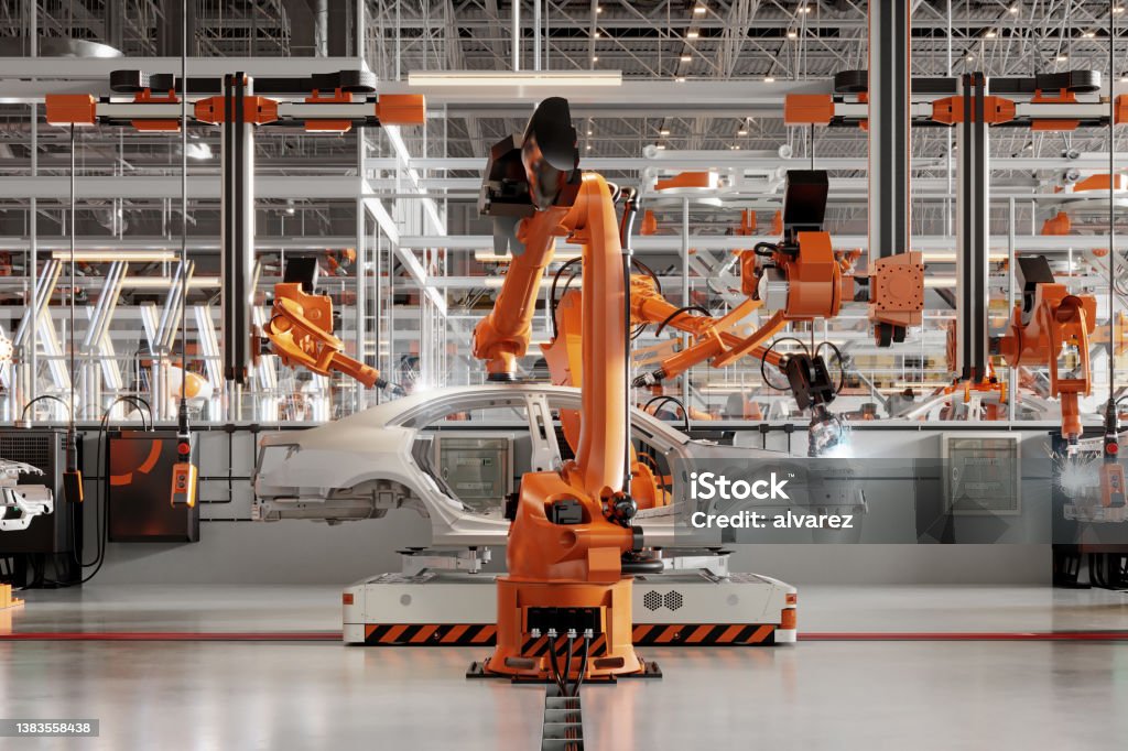3d render of automatic car production line with robotic arms welding parts 3d rendering of robotic arms welding parts on car body on automated production line. Digitally generated image of an automatic car manufacturing line in an automobile factory. Manufacturing Stock Photo