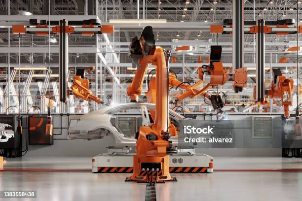3d Render Of Automatic Car Production Line With Robotic Arms Welding Parts Stock Photo - Download Image Now