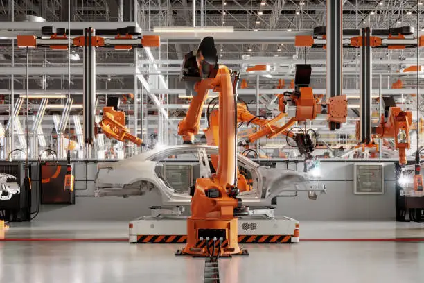 3d rendering of robotic arms welding parts on car body on automated production line. Digitally generated image of an automatic car manufacturing line in an automobile factory.