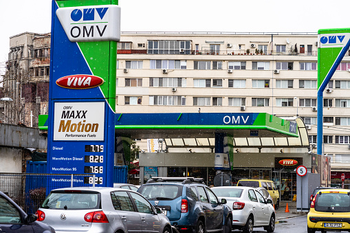 Price of fuel. View of OMV gas station in Bucharest, Romania, 2022
