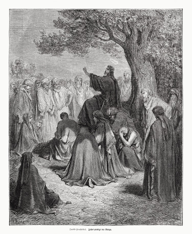Jesus preaches to the people. Wood engraving after a drawing by Gustave Doré (French painter and engraver, 1832 - 1883), published in 1870.
