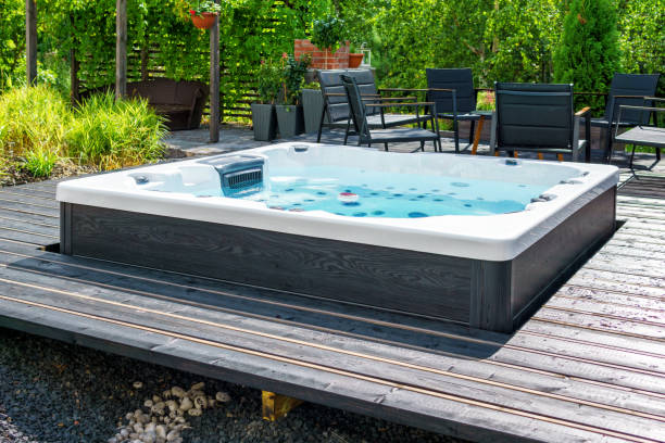 istock Large hot tub embedded in the backyard terrace 1383561673