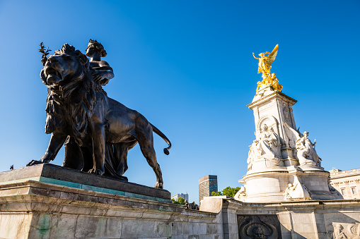 London, UK - June 22, 2018: Blue sky buildings closeup of Queen Victoria's lions statue sculpture in sunny summer at Buckingham Palace with gold angel in background at the Mall memorial