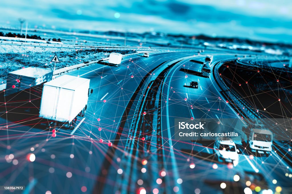 Autonomous transportation. Driverless automotive. Vehicle detection system and wireless vehicle communication network. Truck Stock Photo