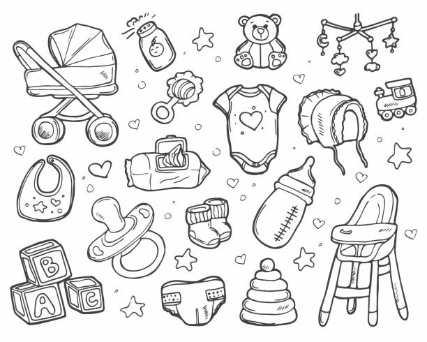 doodle baby nursery icons set. vector new born skizze. - babybekleidung stock-grafiken, -clipart, -cartoons und -symbole